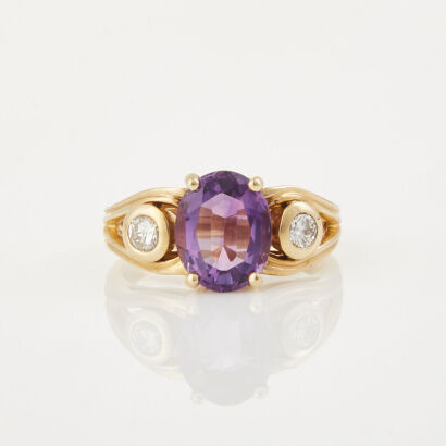 14ct Yellow Gold, 10mm x 8mm Amethyst and .24ct Diamond Ring