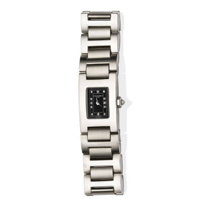 A Lady's stainless steel 12P wristwatch, Chaumet. Quartz. 19x29mm. Case number 121-10057. Black dial with diamond markers. Case, dial, movement and bracelet signed. No box and papers.&nbsp;
