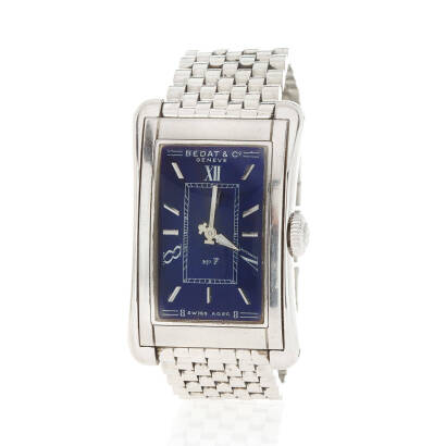 A Gentleman's Bedat & Co. steel automatic mechanical watch with rectangular case and blue dial fitted to a steel link bracelet.