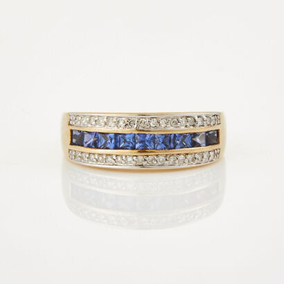 10ct Yellow Gold, Modern .20ct Sapphire and .18ct Diamond Dress Ring