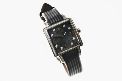A Lady's stainless steel and diamond Masella Accutron wristwatch, Bulova. Quartz. 27mm. Model number&nbsp;65R107. Case number C960735. Square case with diamond set bezel and lugs, black textured dial with applied Roman numerals and diamond points. Original bla