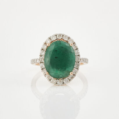 14ct Yellow Gold, 5.23ct Oval Emerald and .77ct Diamond Ring