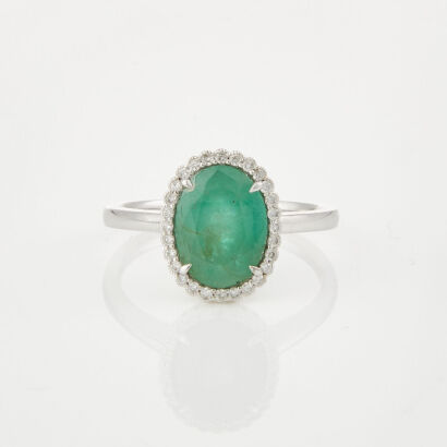 14ct White Gold, 3.07ct Oval Emerald and .14ct Diamond Ring