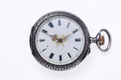 A Lady's silver openface pocket watch, 35mm. White enamel dial with hand painted black Roman numerals. Crown wind. Unsigned cylinder movement. Enamel detail to back of case engraved case. Case number 103128.&nbsp;&nbsp;