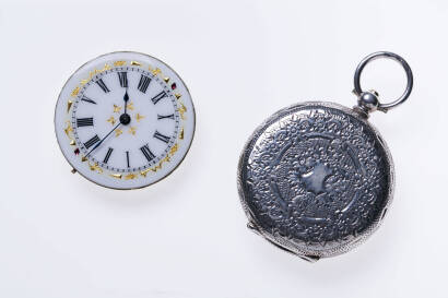A Lady's open face pocket watch. Sterling silver. 25mm. Case number 50472. Roman numerals with applied gold surround. Inside inscription 'Bertha Jackson - &nbsp;Dec 24th 1896, presented by mother'.