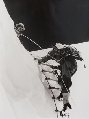 ALFRED GREGORY Top of Icefall, final ice wall - Tenzing on top, Sherpa on ladder