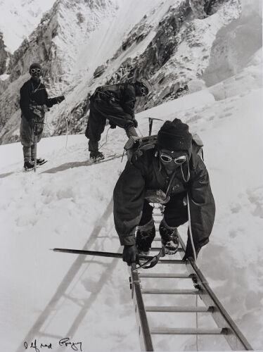 ALFRED GREGORY Nawang Gombu crossing big crevasse just beyond Camp 3