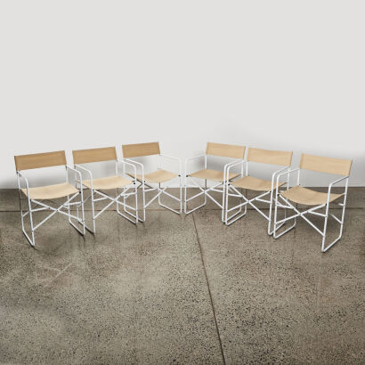 A Set Of Six Folding Chairs In White Lacquer And Beige Canvas