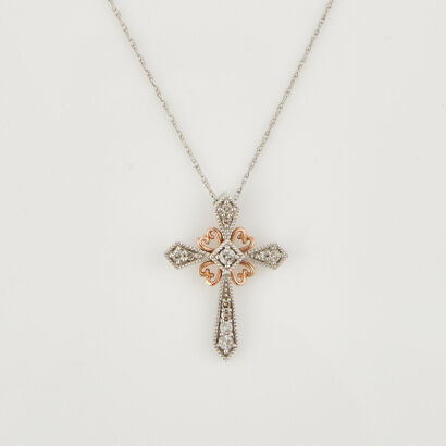 10ct White/ Rose Gold, MHJ Gold, .15ct Diamond Cross Necklace