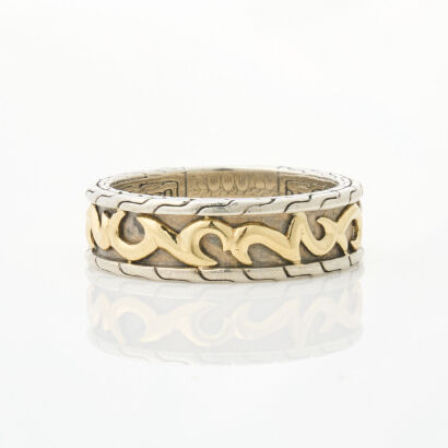 John Hardy, Sterling Silver Classic Chain Ring with 18ct Yellow Gold Accents