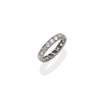 A diamond eternity ring, set all around with old brilliant cut diamonds, estimated total weight 1.20 carats. Platinum. Weight 4.56 grams. Size P.