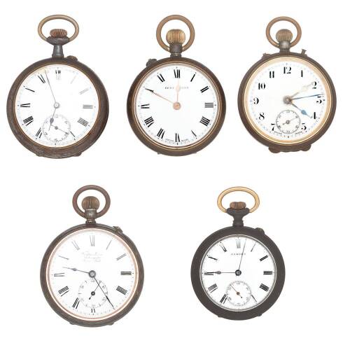 Five Swiss Early 20th Century Gunmetal Cased Open Face Pocket Watches