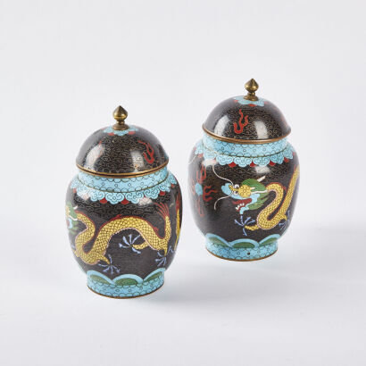 A Pair of Late Qing Dynasty Cloisonne Dragon Jars