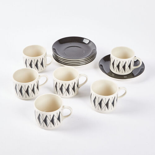 A Rare Set Of Six Mid Century Crown Lynn Mogambo Coffee Cans And Saucers