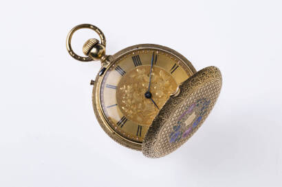A Lady's gold and enamel pendant watch, 32mm. Crown wind cylinder movement. 18ct yellow gold dial with Roman numerals. Both covers with enamel flowers. Gold dust cover. Circa 1890.