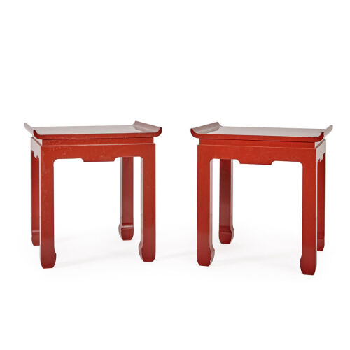 A Pair of Contemporary Red Lacquer Oriental Style Side Tables