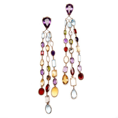 A Pair of 14ct Gold Multicoloured Gemstone Drop Earrings