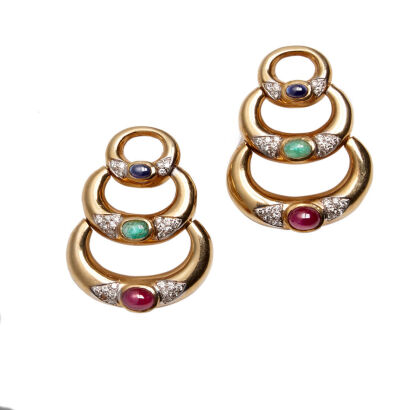 A Pair of Diamond, Sapphire, Ruby and Emerald Drop Earrings