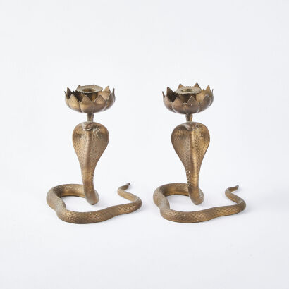 A Pair Of Vintage Heavy Brass Cobra Candle Holders