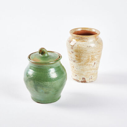 An Elizabeth Matheson Green Lidded Vase And A Cream-Glazed Vase