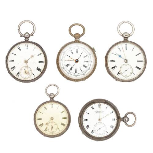 Five Various Keywind Silver Open Face Pocket Watches