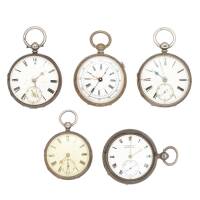 Five Various Keywind Silver Open Face Pocket Watches