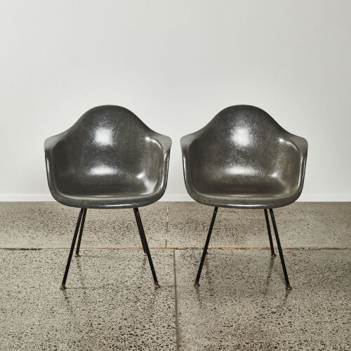 A Pair Of Original Fibreglass Eames For Hermann Miller DAX Chairs In Elephant Grey