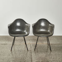 A Pair Of Original Fibreglass Eames For Hermann Miller DAX Chairs In Elephant Grey