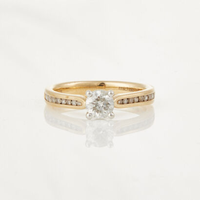 14ct Yellow Gold, .72cts Solitaire Diamond Ring with Diamond Shoulder Accents