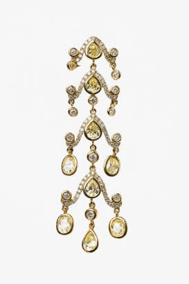 A pair yellow diamond pendant earrings. The eighteen pear and oval shaped yellow diamonds of estimated total weight 3.53 carats are surrounded by 174 round brilliant cut diamonds of estimated total weight 1.15 carats designed in a rubover and claw set gra