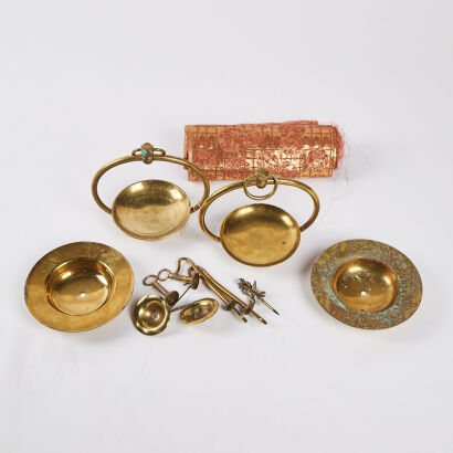 A Collection Of Chinese Bronze Trinkets And Silk Print