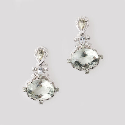 18ct White Gold, Checkerboard cut Prasiolite Drop Earrings