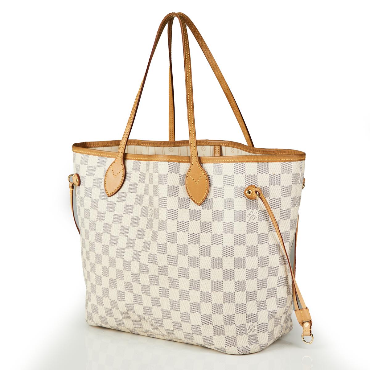 Louis Vuitton White and Beige Damier Azur Coated Canvas Neverfull mm Gold Hardware (Very Good), White/Beige Womens Handbag