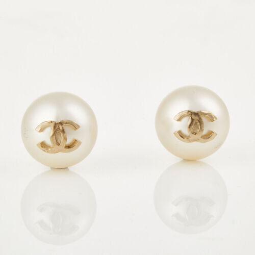 Chanel Faux Pearl CC Stud Earrings with Box