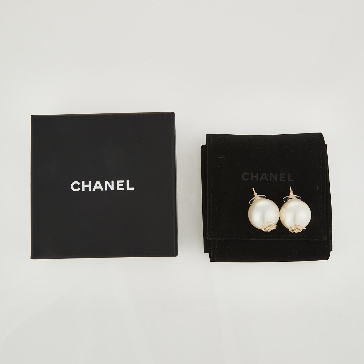 Chanel Faux Pearl CC Stud Earrings with Box