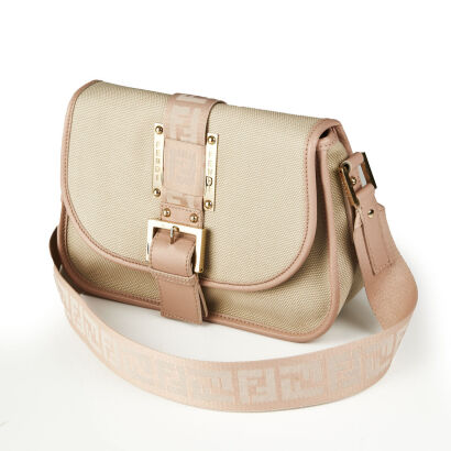 Fendi Beige Canvas and Pink Leather Crossbody Flap Bag