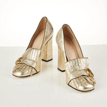 Gucci Metallic Gold Foil GG Marmont Fringe Block Heels, Size 39