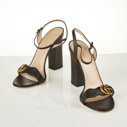 Gucci Black Leather GG Marmont Sandals, Size 40