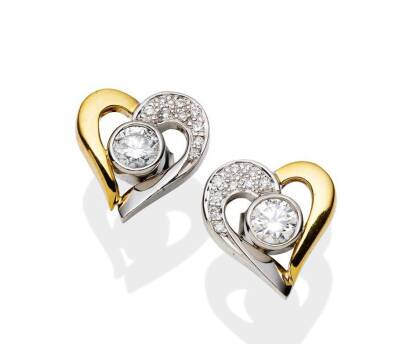 A pair of diamond ear studs, of heart-shaped design, each set with a central round brilliant cut diamond, of estimated weight 0.50 carat, in an open surround with pave diamond detail. 18ct yellow and white gold. Weight 8.31 grams. Length 15mm.