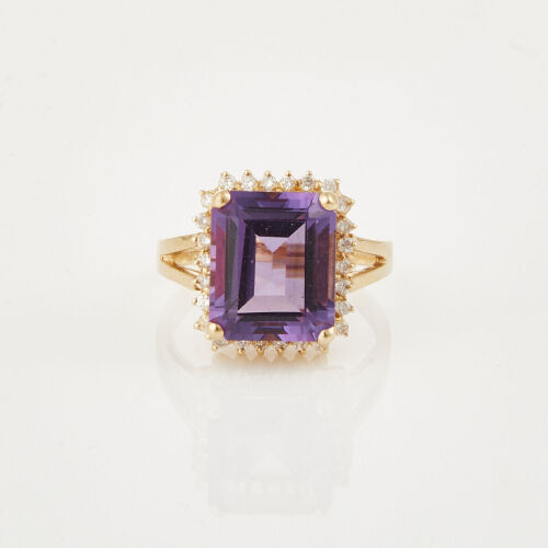 14ct Yellow Gold, 11.8mm x 9.95mm Amethyst and .25ct Diamond Cocktail Ring