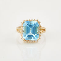 14ct Yellow Gold,12mm x 10mm Blue Topaz and .25ct Diamond Ring