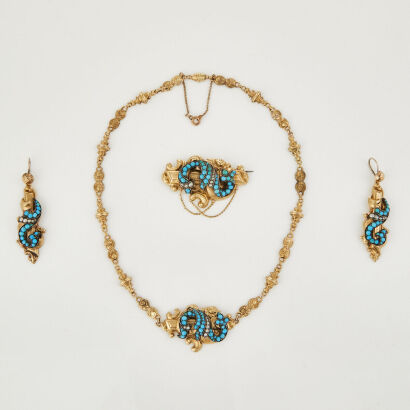 14ct Yellow Gold, Antique, Turquoise/Seed Pearl Brooch, Earrings, and Necklet set in Original Shaped Box