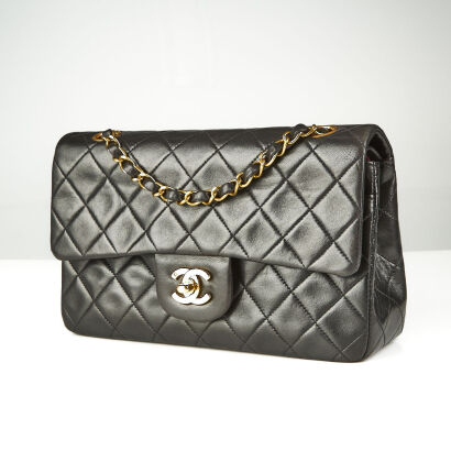 Chanel, Vintage, Classic Black Quilted Lambskin Double Flap Bag 23