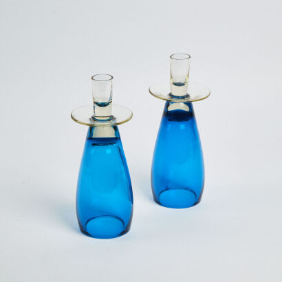 A Pair Of Blown Glass Kingfisher Blue Candle Holders