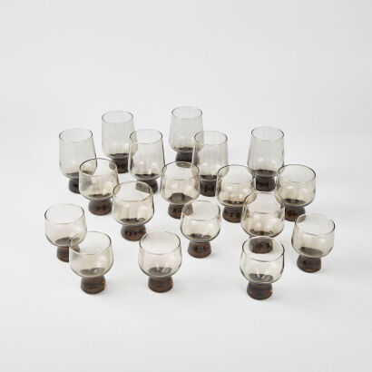 A Vintage Set Of 18 NZ Made Smoked Quartz Glasses