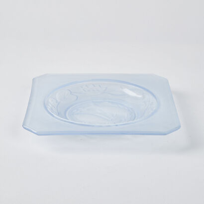 An Art Deco Pressed Blue Frosted Glass Dish With Fish Motif