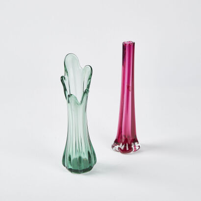 A Pair Of Mid-Century Glass Vases In Green And Purple