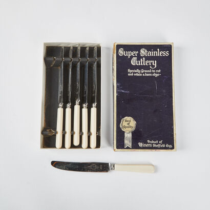 A Set Of Six Sheffield Stainless Steel Bone Handled Knives