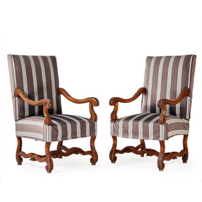 A Pair of Jacobean Style Armchairs With Walnut Frames