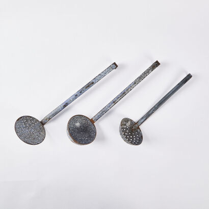 A Trio Of Vintage European Graniteware Enamel Kitchen Utensils